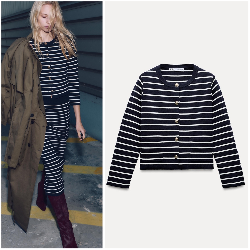 Striped Navy and White Cardigan With Gold Buttons By ZARA